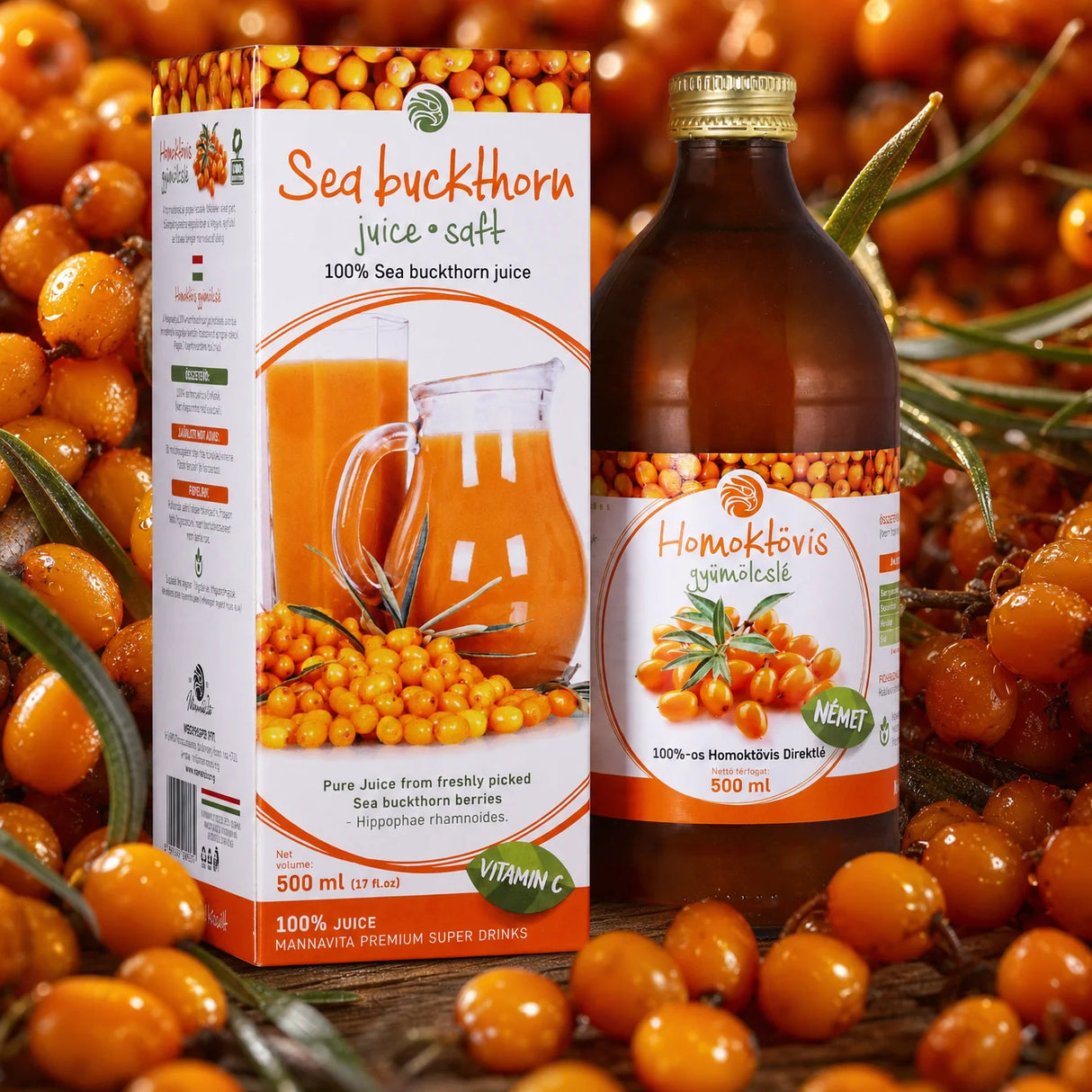 Mannavita Rakytníková 100 % čistá lisovaná šťava • 500 ml